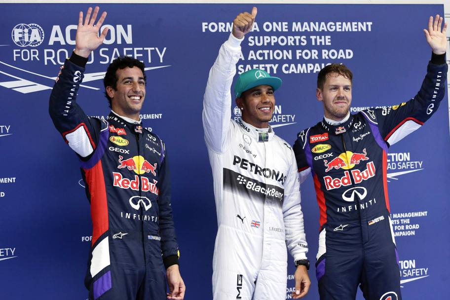 I primi tre delle qualifiche: 1. Hamilton, 2. Ricciardo, 3. Vettel. Ap